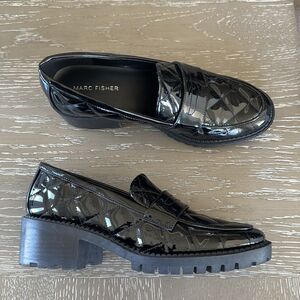 Marc Fisher DANTEA Women’s Patent Black Penny Loafers Block Heel Shoes Size 7.5M
